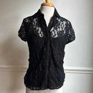Diva by Dana Buchman Black Textured Lace Blouse w/Charmeuse Cami Size Small EUC